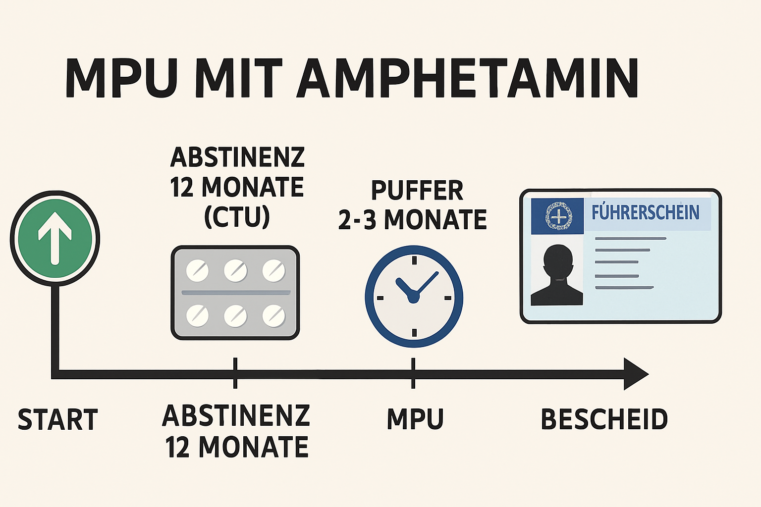 Zeitstrahl mit 15 Monaten für die MPU bei Amphetamin: Abstinenz, Puffer, MPU, Bescheid.