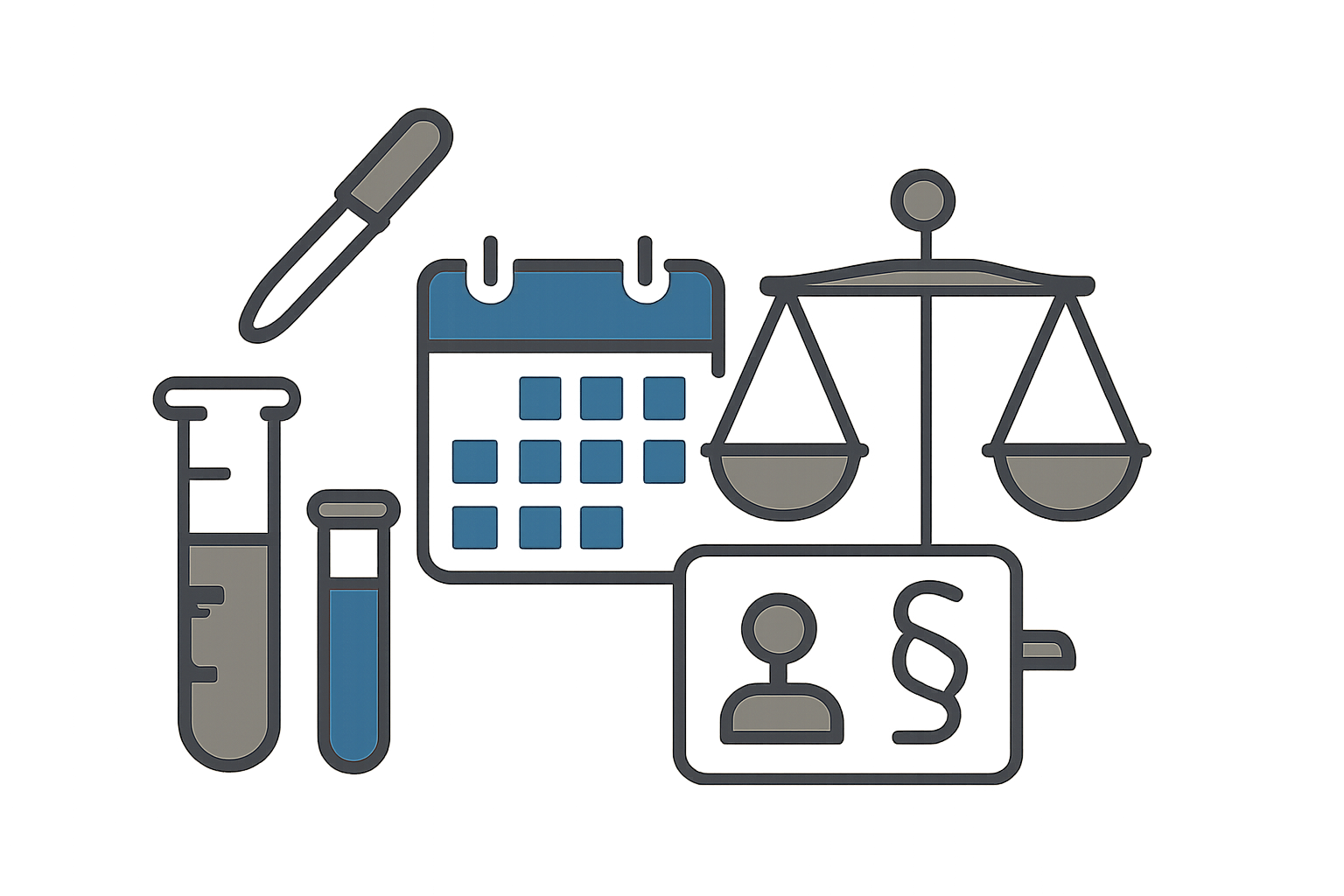 Symbolische Illustration: Laborröhrchen, Pipette und Kalendersymbol, Waageform ohne Text