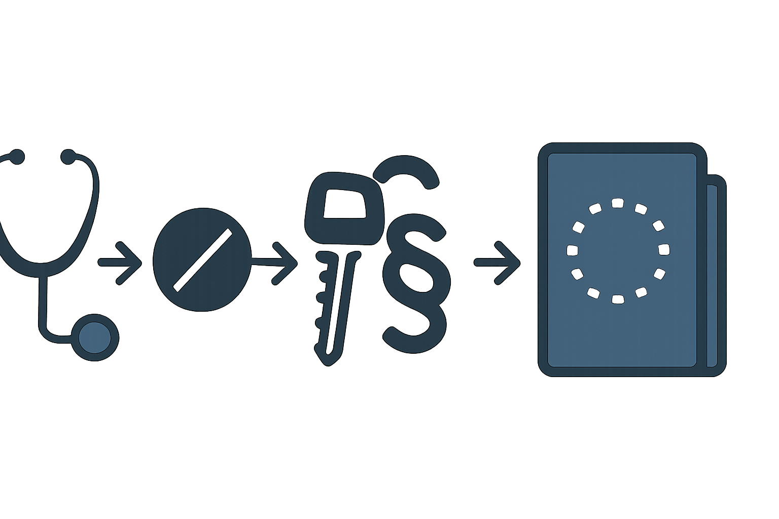 Symbolische Icons Stethoskop, Tablette, Autoschlüssel, Paragraphenzeichen und Dokumentenmappe als Ablauf der medizinisch vertretbaren Einnahme mit Fahreignungsprüfung.