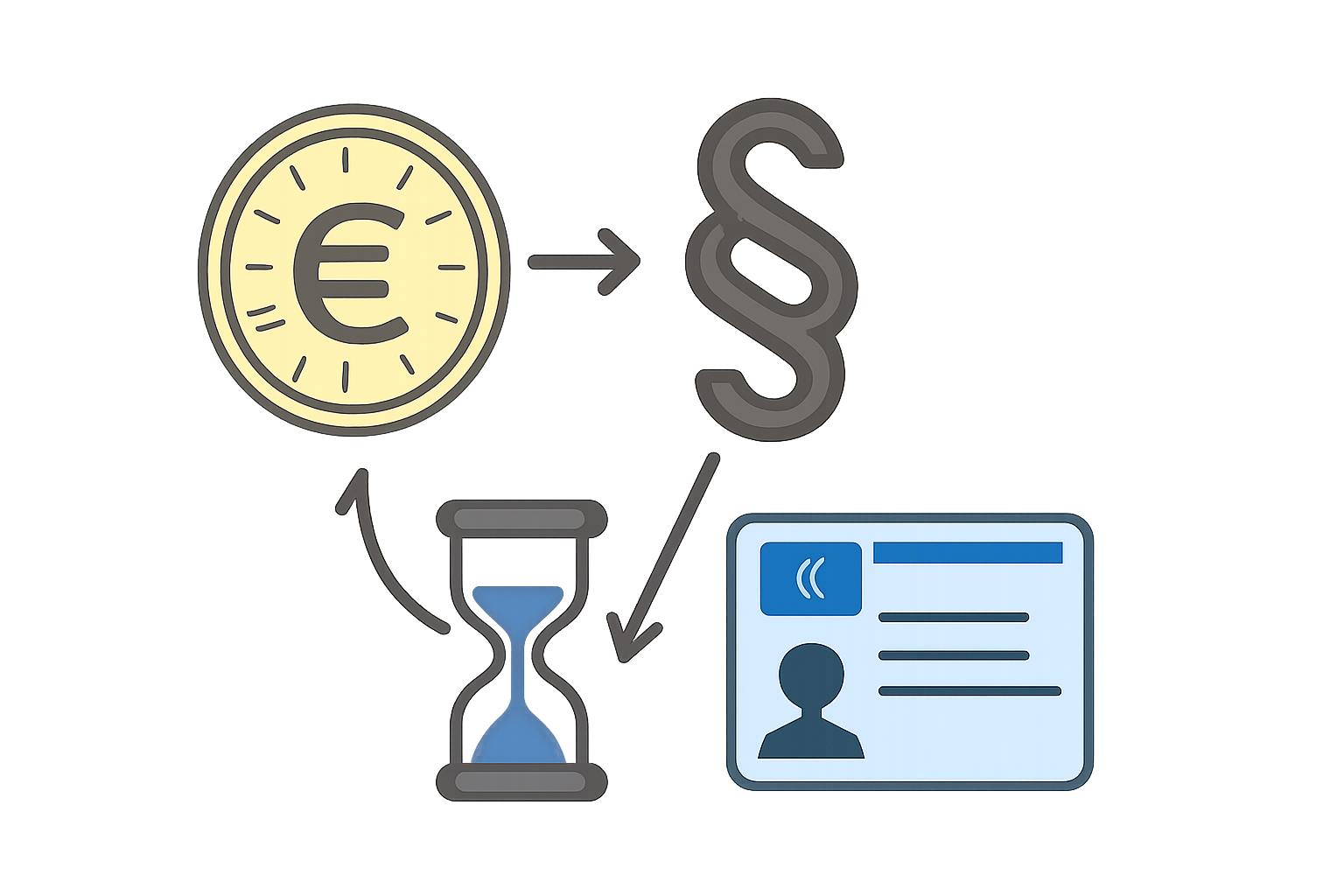Vektor-Icons: Euro, Paragraphenzeichen, Sanduhr, Führerschein-Karte; symbolisieren Kosten, Recht und Zeitplanung bei der MPU.
