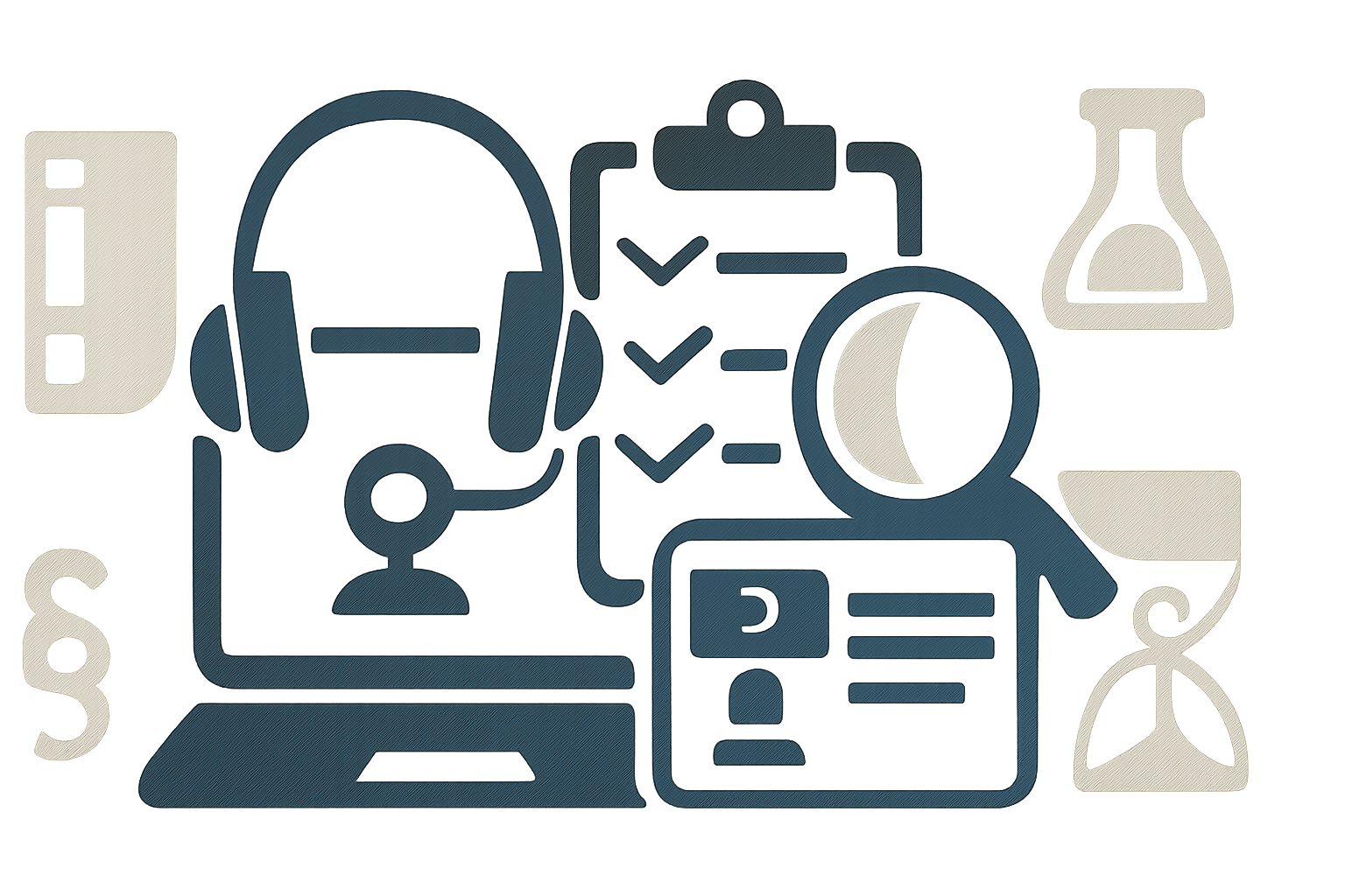 Symbolische Illustration mit Laptop, Headset, Checkliste, Lupe und EU-Führerschein-Karte für Online-MPU-Beratung.