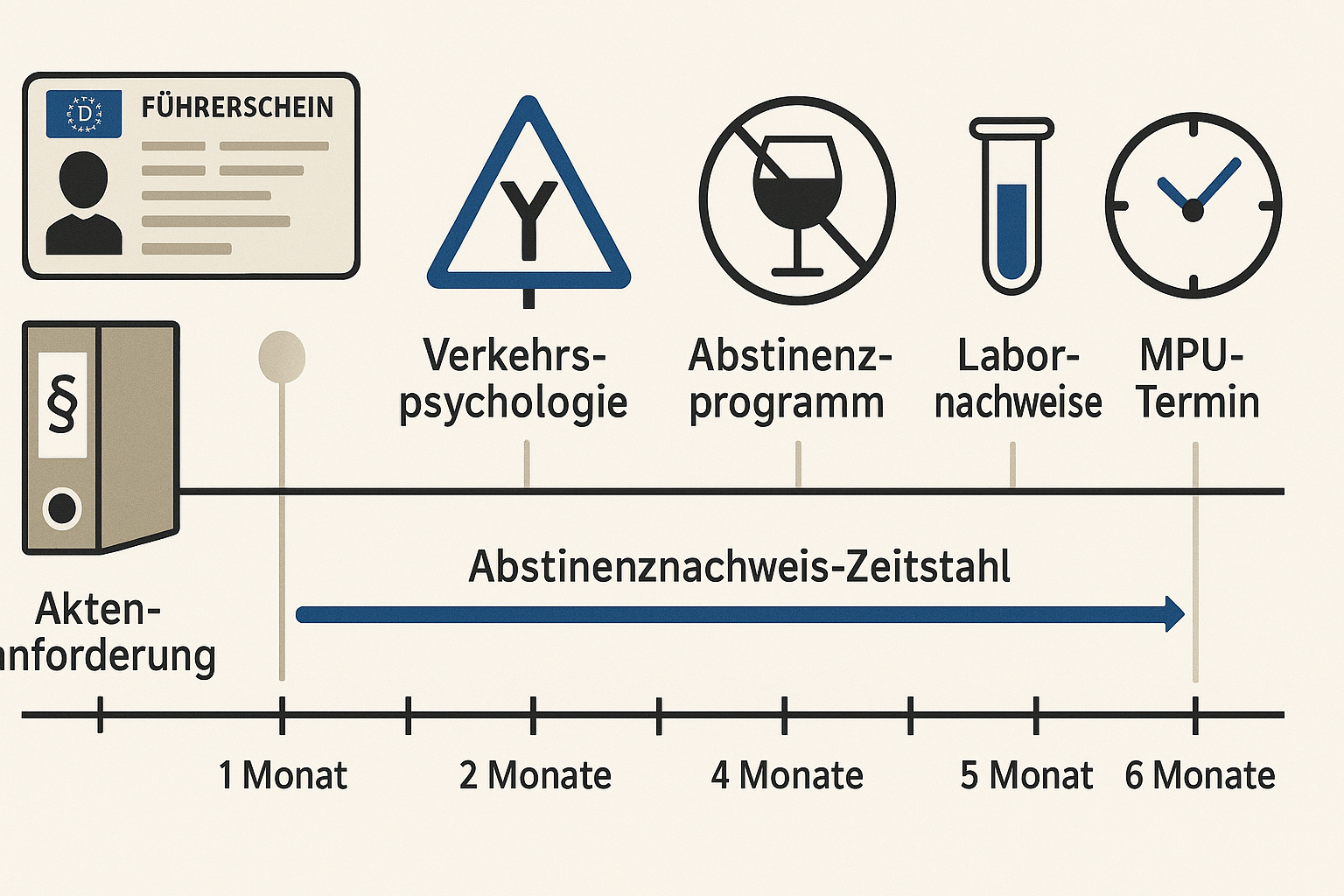 Zeitstrahl mit sechs Schritten zur MPU-Vorbereitung und Abstinenznachweis