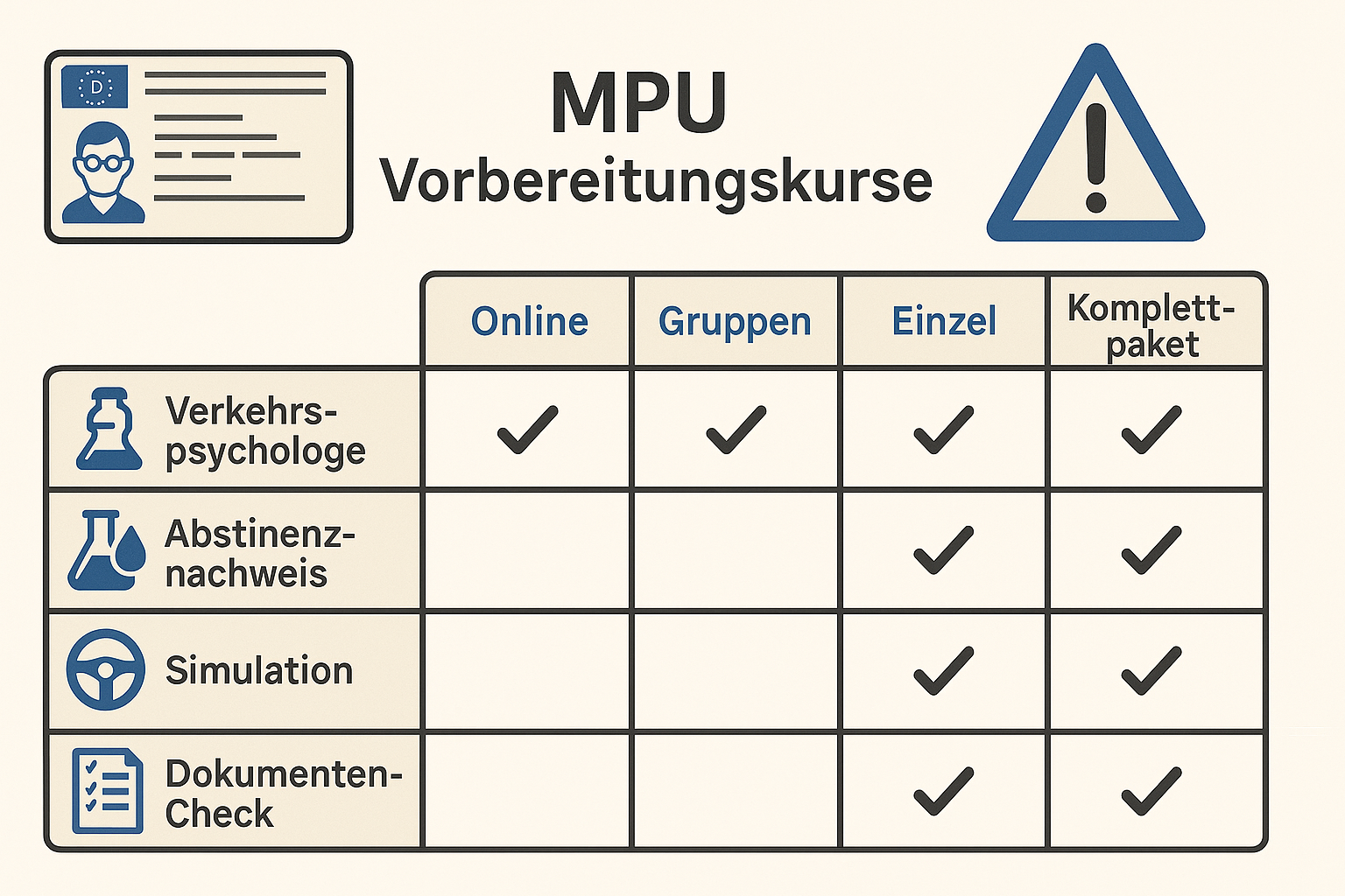 Vergleichsgrafik der MPU Vorbereitungskurse mit Icons für Verkehrspsychologe, Labor und Simulation