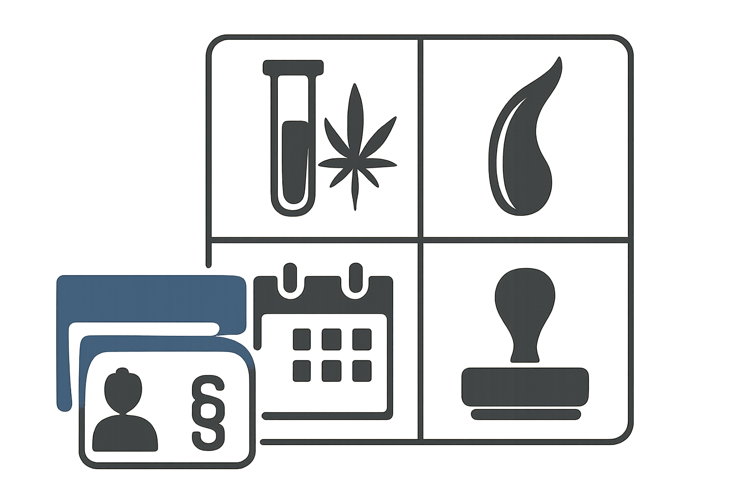 Vektor-Icons Reagenzglas, Haarsträhne, Kalender, Stempel zeigen forensische Nachweise ohne Text.
