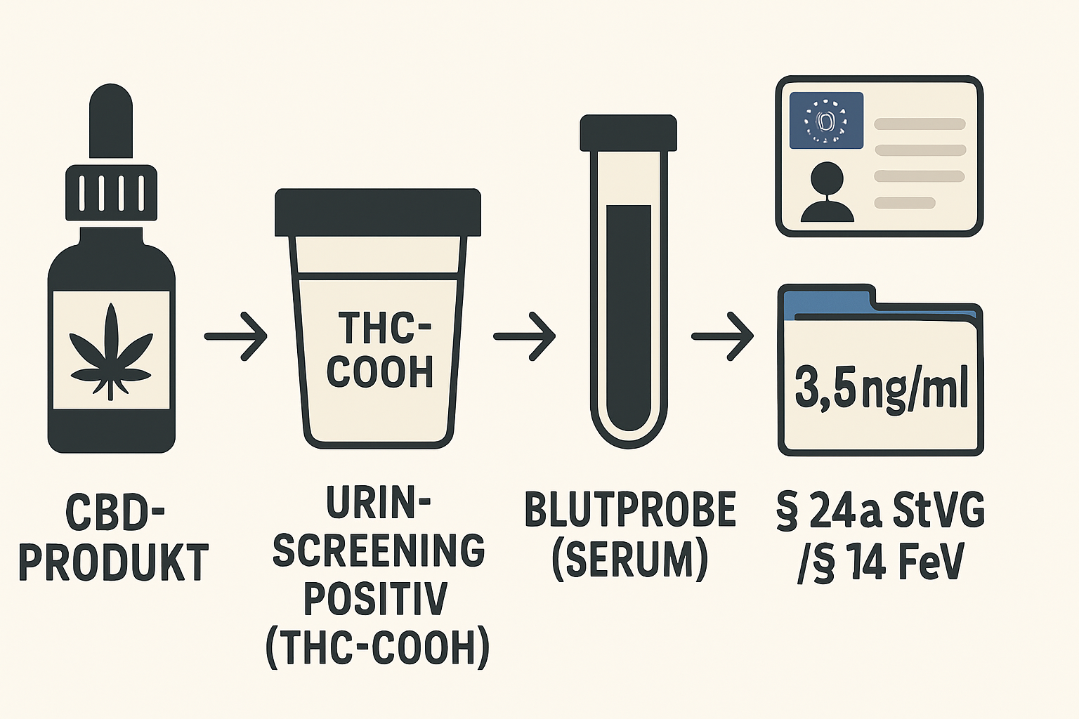 Schaubild zum Ablauf von Urin-Screening, Blutprobe und 3,5-ng/ml-Grenzwert nach § 24a StVG und § 14 FeV bei der MPU.