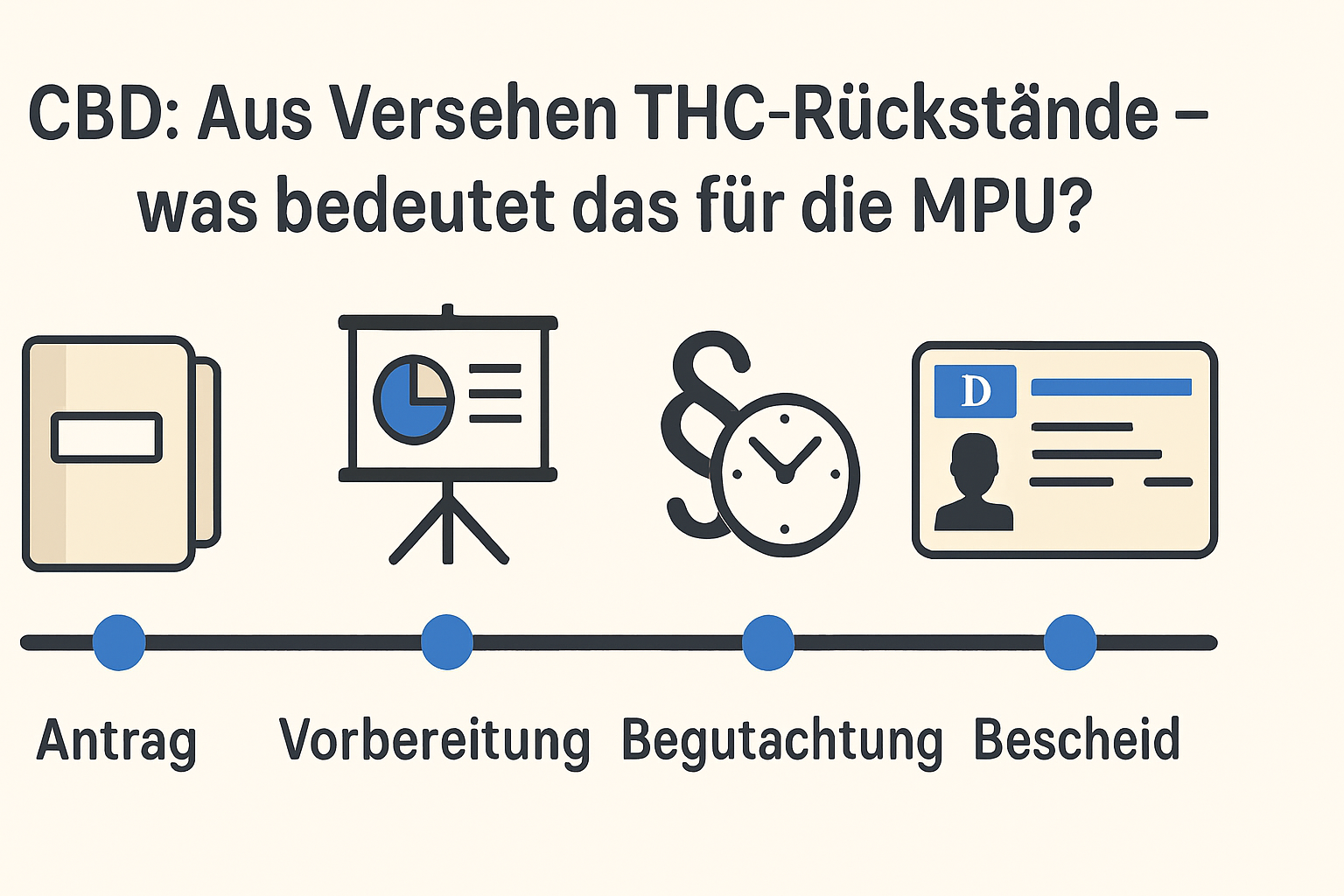 Zeitstrahl mit den vier MPU-Phasen Antrag, Vorbereitung, Begutachtung und Bescheid, mit Führerschein-Symbol.