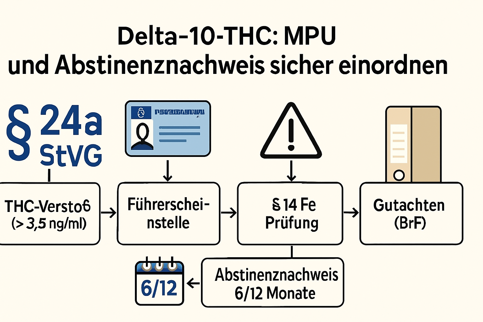 Ablauf-Diagramm: THC-Verstoß führt über § 14 FeV zur MPU mit Abstinenznachweis.
