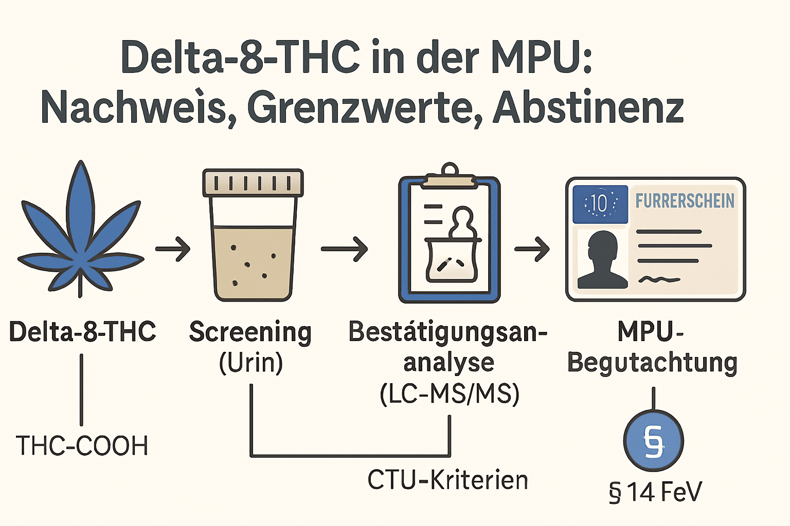Schaubild: Delta‑8‑THC führt über Urinscreening und Laborbestätigung zur MPU‑Bewertung, inkl. THC‑COOH und § 14 FeV.