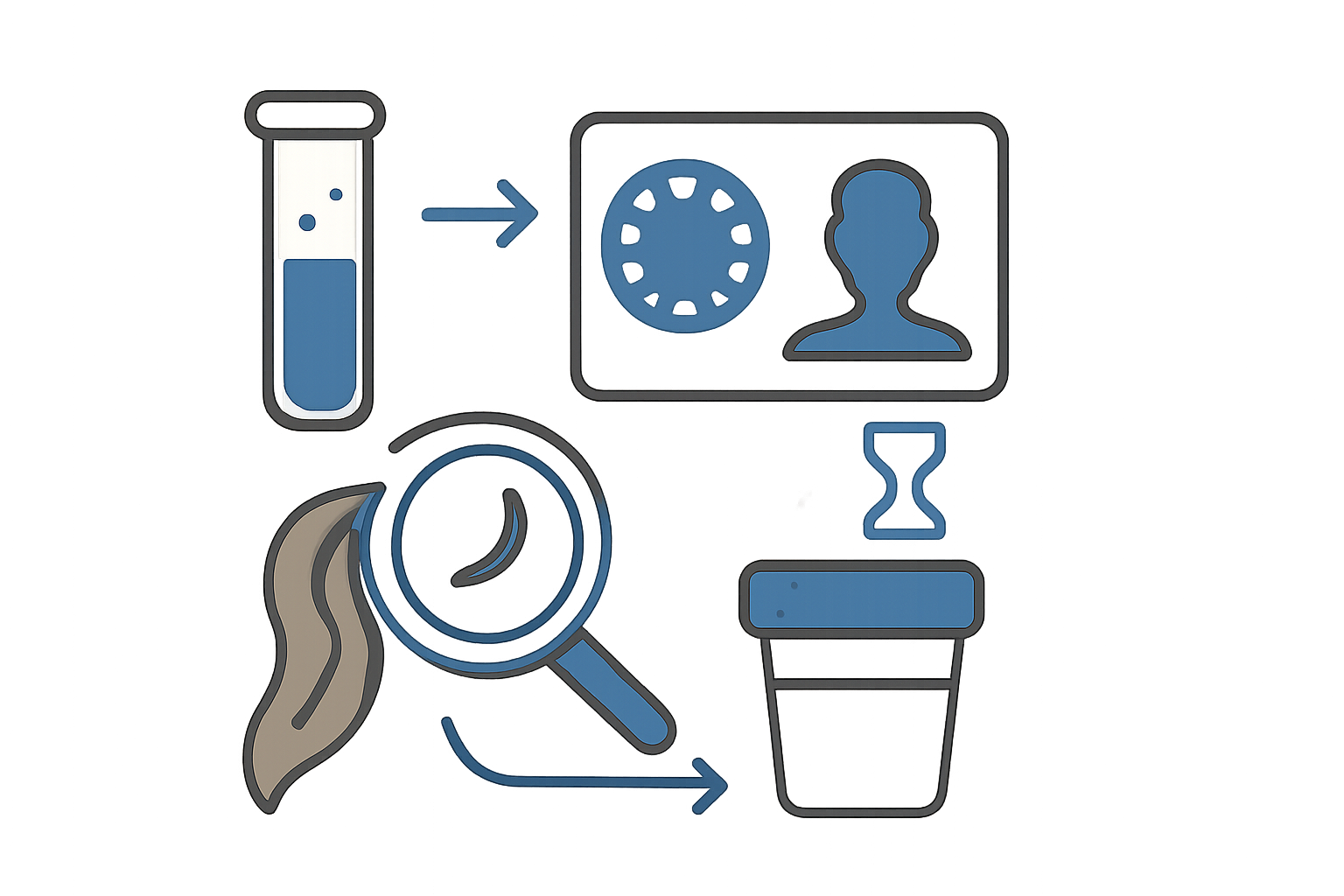Symbolische Icons für Haaranalyse, Urinprobe und Reagenzglas ohne Text