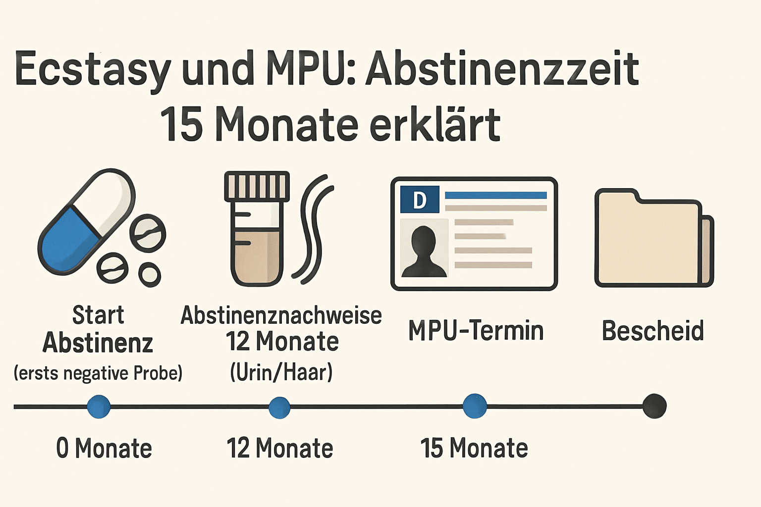 Zeitstrahl der MPU nach Ecstasy mit 12 Monaten Abstinenznachweis und Puffer bis zum Bescheid