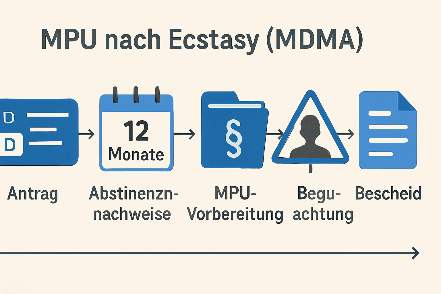 Diagramm des MPU-Ablaufs nach Ecstasy mit Stationen Antrag, Nachweise, Vorbereitung, Begutachtung, Bescheid