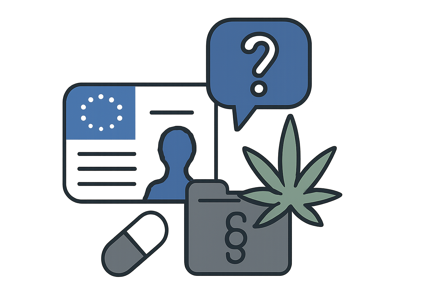 Symbolgrafik mit Führerscheinkarte, Cannabis‑Blatt, Pille, Aktenordner und Fragezeichen‑Sprechblase als Metapher für die typischen MPU‑Fragen bei Drogen.