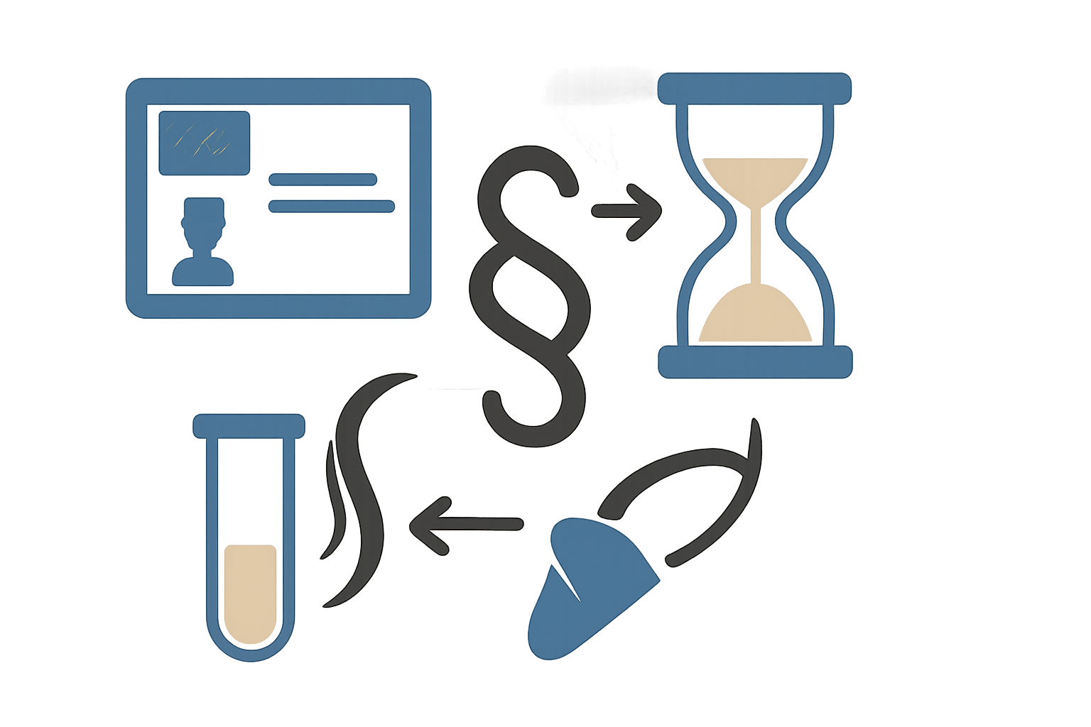 Symbolisches Bild mit Führerschein-Icon, Paragraphenzeichen, Sanduhr sowie Labor-Symbolen, die den Prüfrahmen einer Kokain-MPU andeuten.