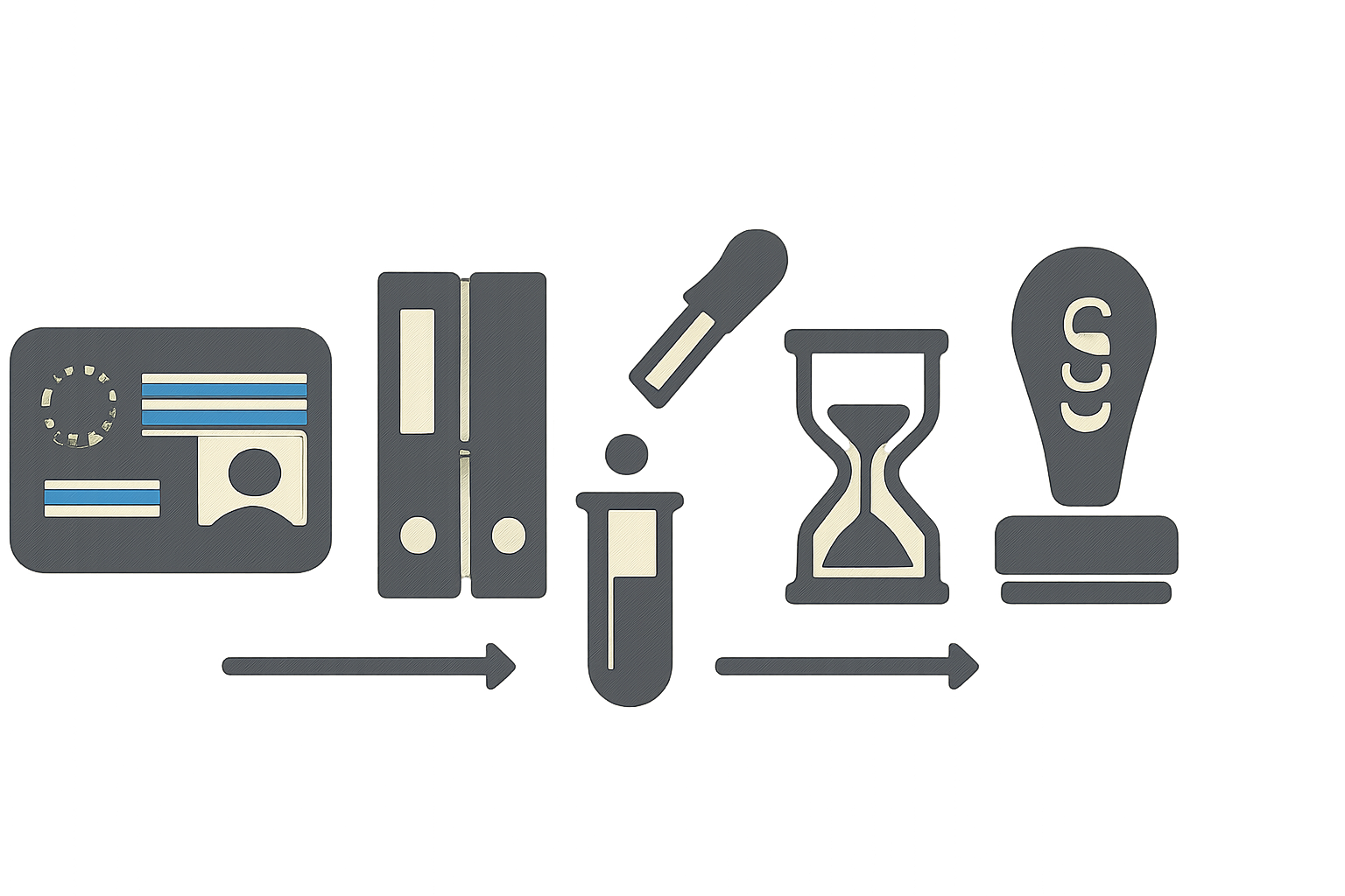 Reihe aus Symbolen für MPU‑Akte, Laborprobe, Sanduhr und Prüf‑Stempel als Prozess der Abstinenzüberprüfung.