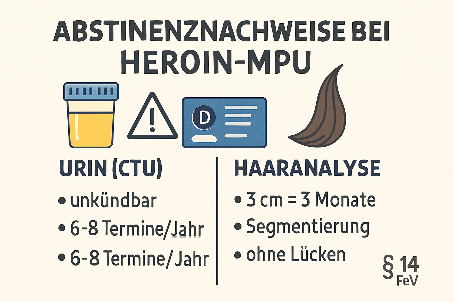 Infografik zum Vergleich von Urin- und Haaranalysen für Abstinenznachweise bei der Heroin-MPU, mit CTU-Hinweisen und § 14 FeV.