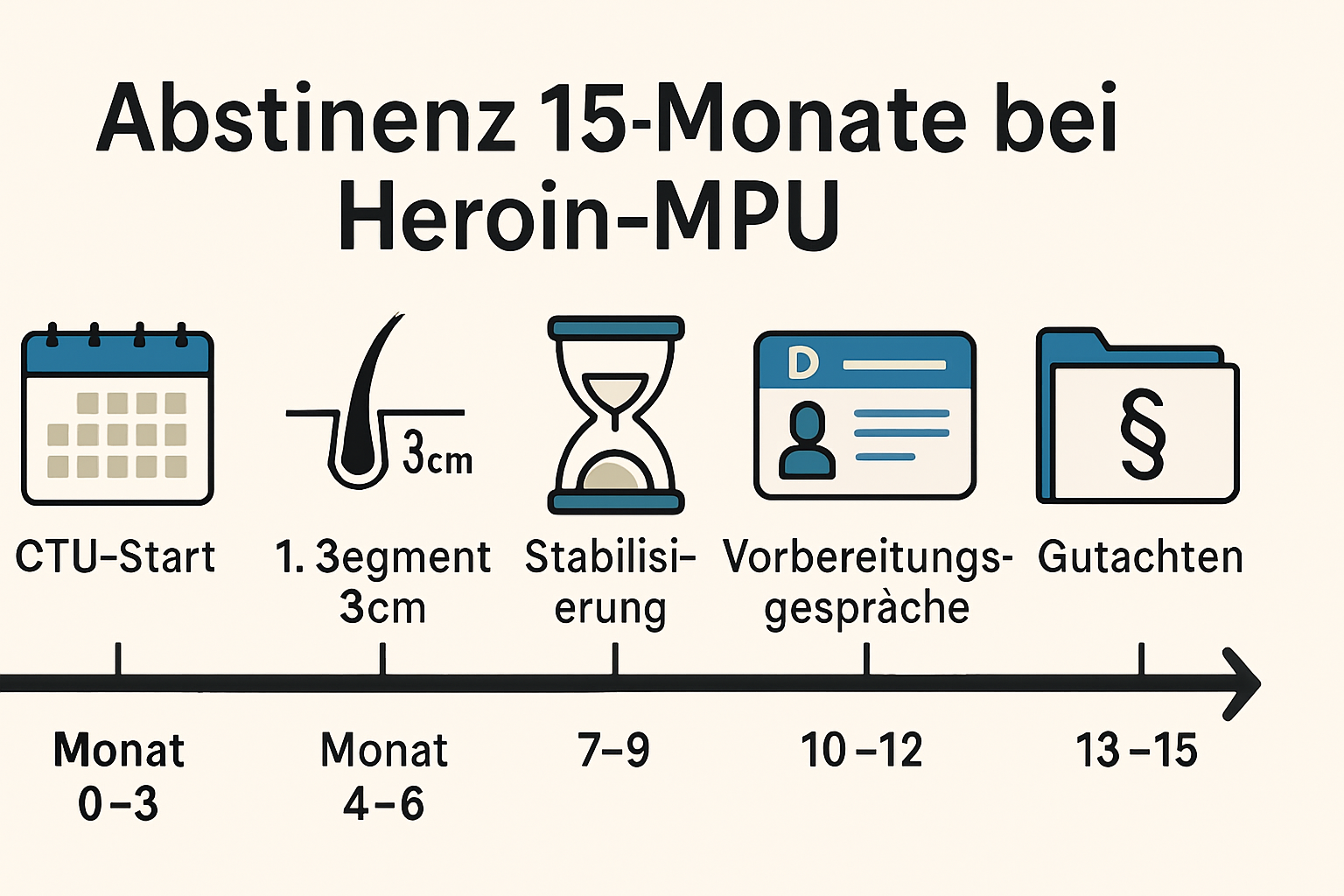 Zeitstrahl-Grafik mit fünf Abschnitten für 15 Monate Abstinenz im Rahmen der Heroin-MPU, inklusive CTU-Start und Abschlussgutachten.
