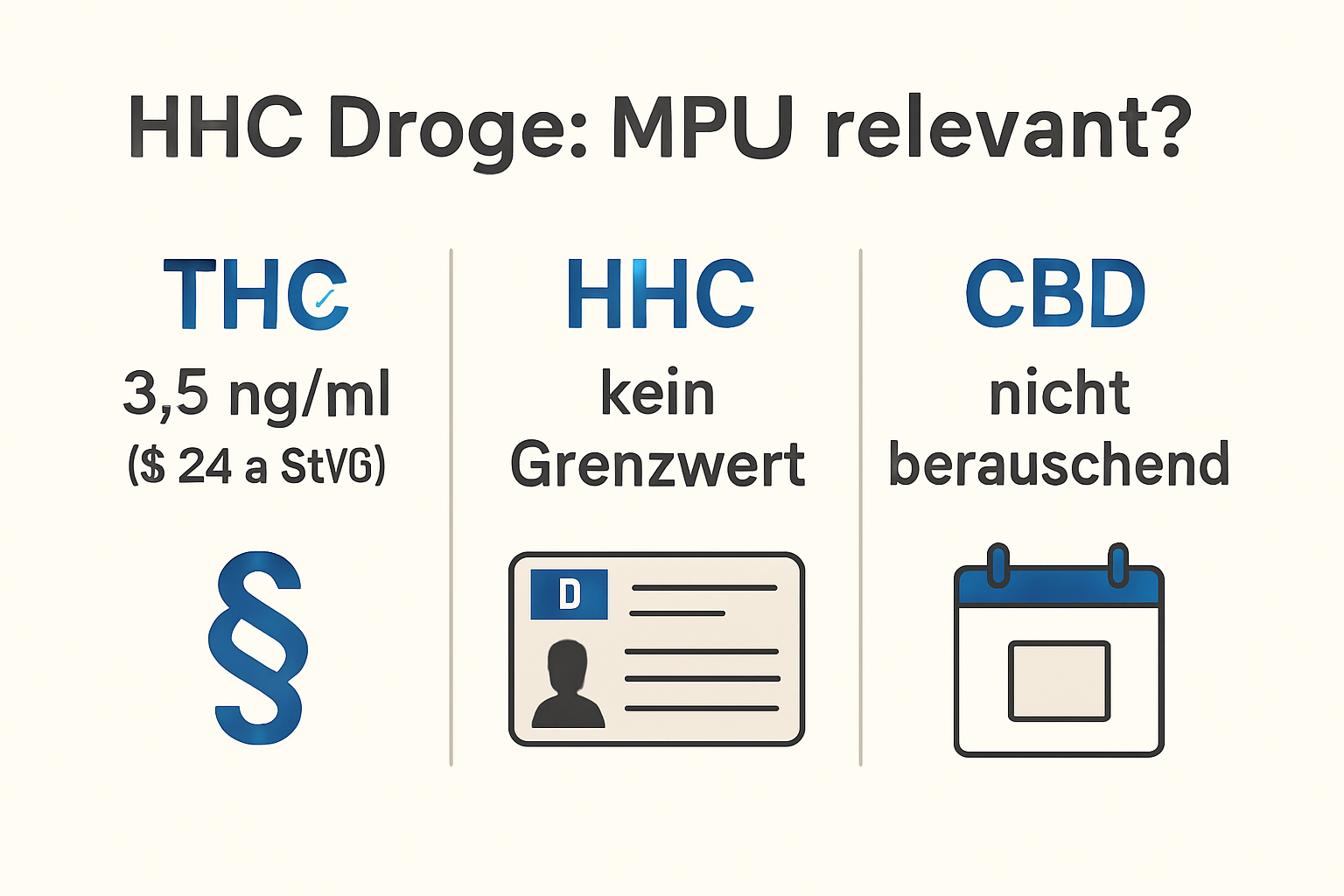 Schaubild THC-, HHC- und CBD-Relevanz für MPU im Vergleich.
