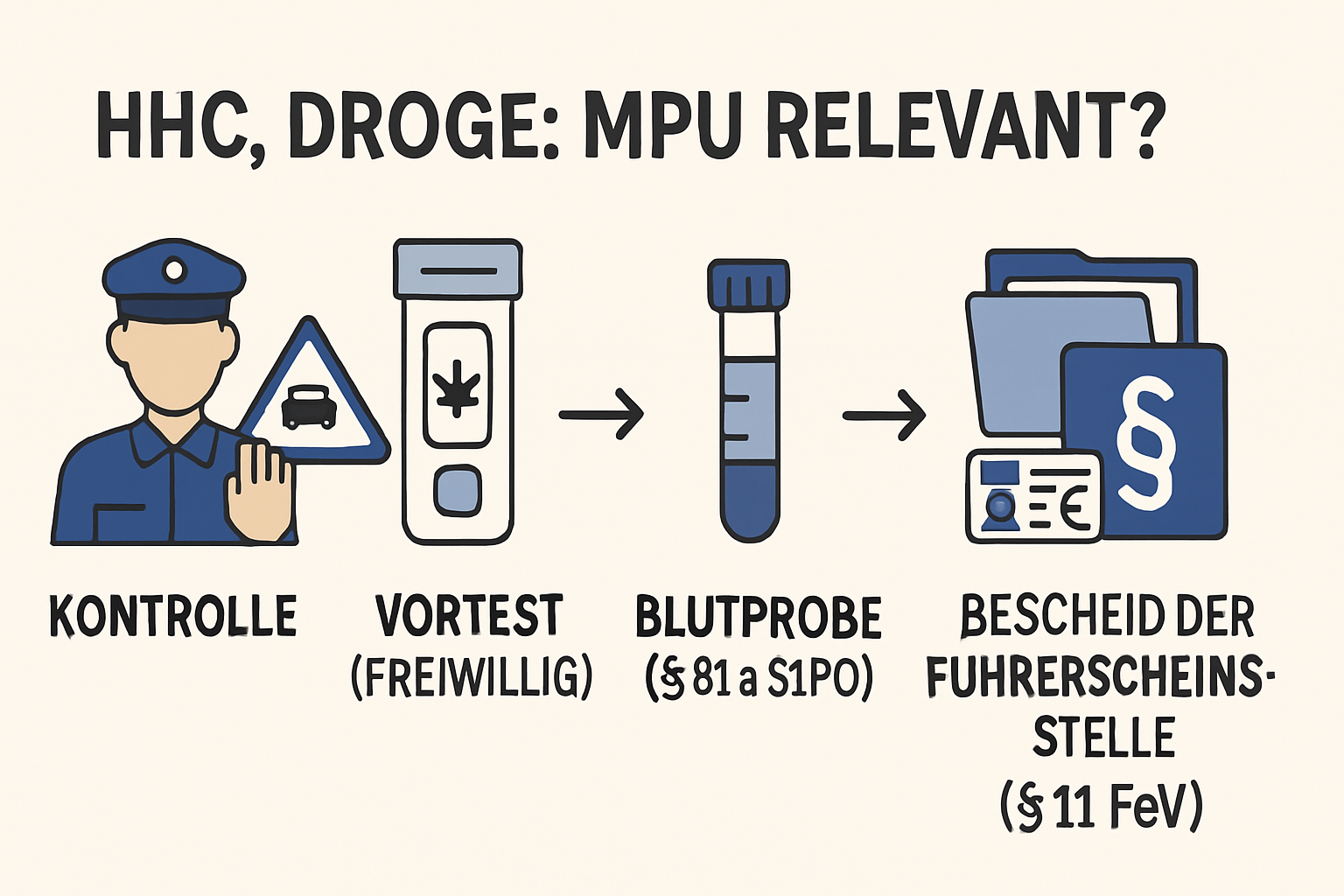 Ablauf-Diagramm HHC-Kontrolle: Vortest, Blutprobe, Bescheid, MPU.