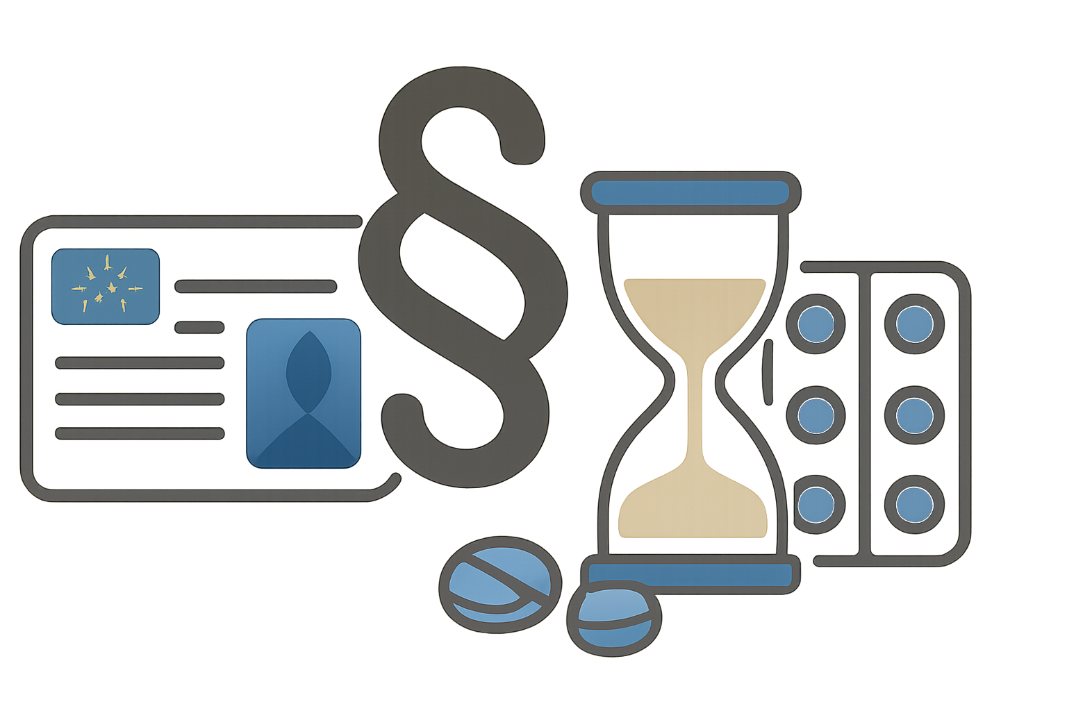 Symbolische Darstellung mit Führerschein-Karte, Paragraphenzeichen, Sanduhr und Tabletten als Hinweis auf rechtliche Prüfung und zeitliche Stabilisierung.