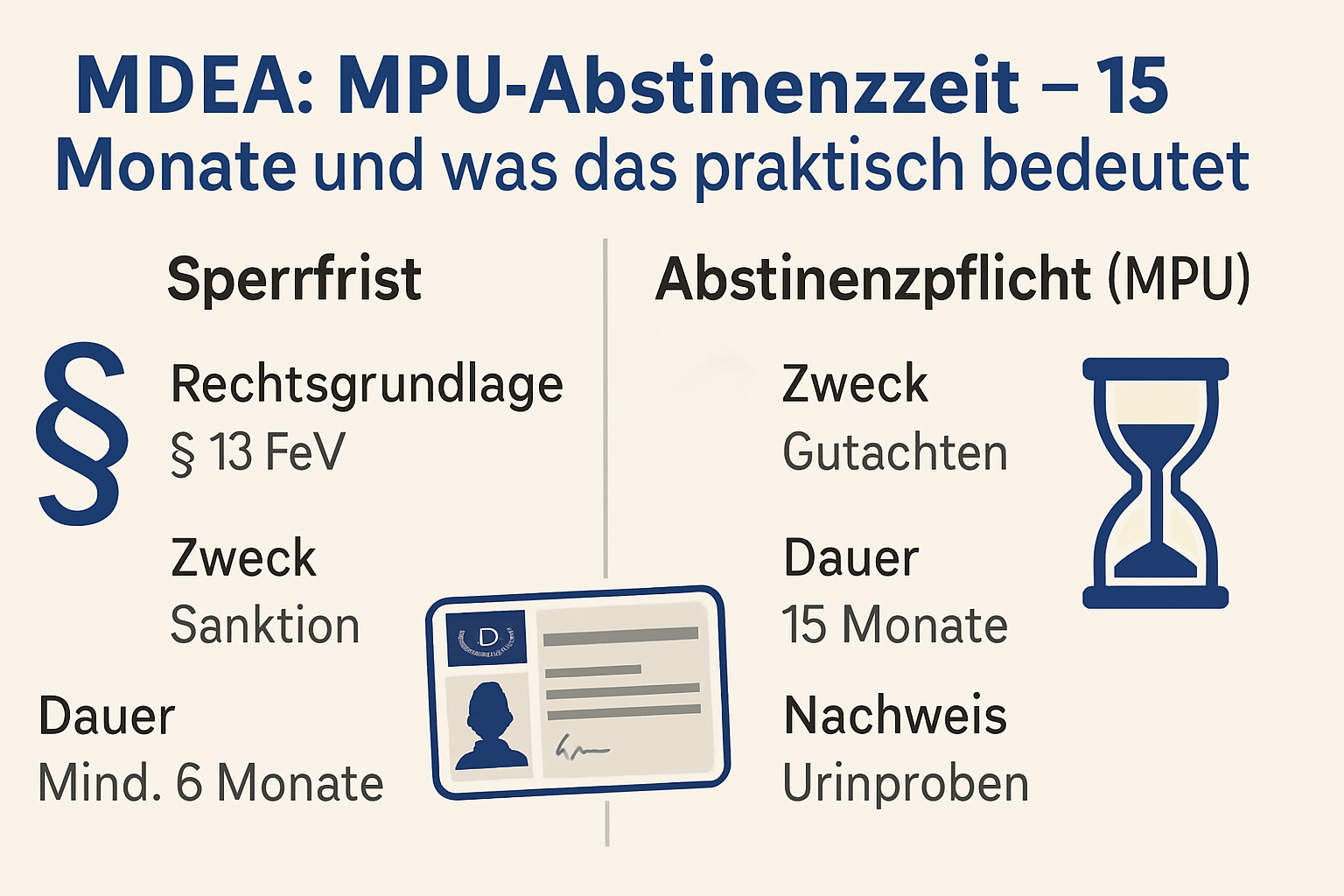 Vergleich Sperrfrist und MPU‑Abstinenzpflicht mit Paragraphen‑Symbol und Führerschein