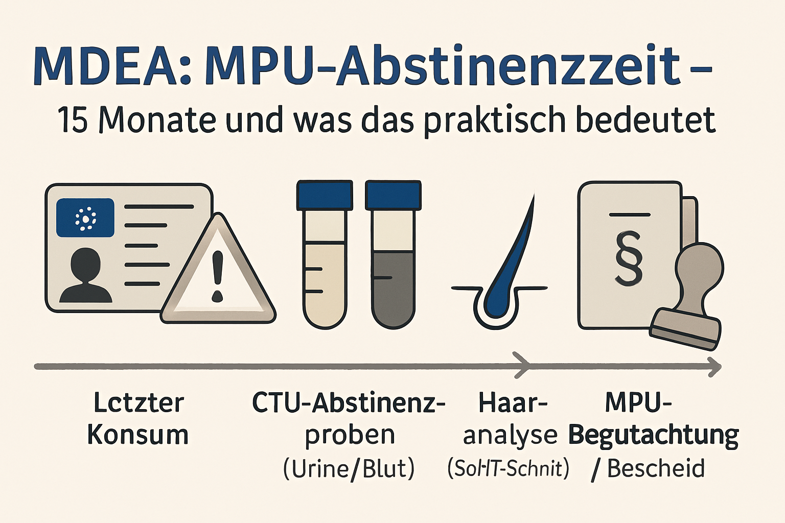 Ablaufdiagramm: Letzter Konsum → CTU‑Proben → Haaranalyse → MPU‑Begutachtung