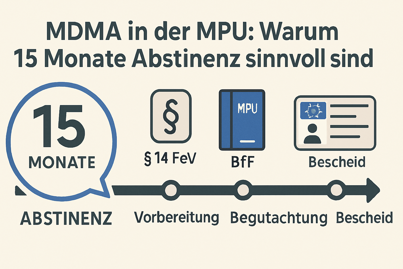Zeitstrahl zur MPU mit Phasen Antrag, Vorbereitung, Begutachtung, Bescheid und Hinweis auf 15 Monate Abstinenz.