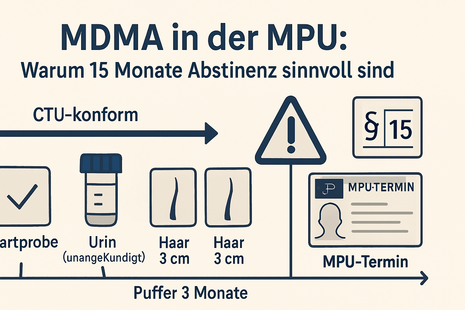 Diagramm: 15 Monate Abstinenznachweise bei MDMA mit Urin- und Haaranalysen, CTU-konform und lückenfrei.