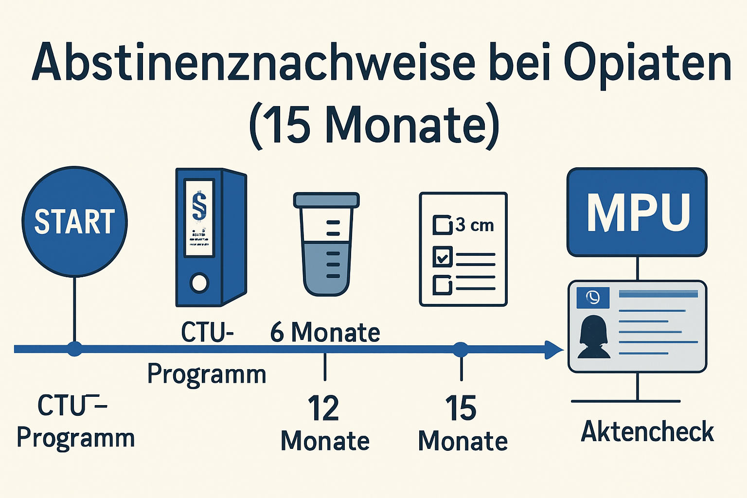 Zeitstrahl der 15-monatigen Abstinenznachweise bei Opiaten mit CTU-Terminen bis zur MPU