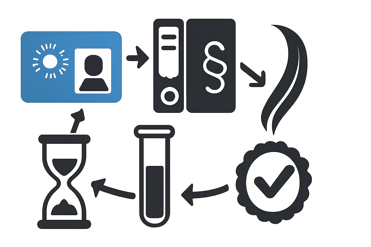 Illustration: Aktenordner, Reagenzglas, stilisierte Haarprobe und Sanduhr als Symbol für Labornachweise und Nachweisdauer, ohne Text.