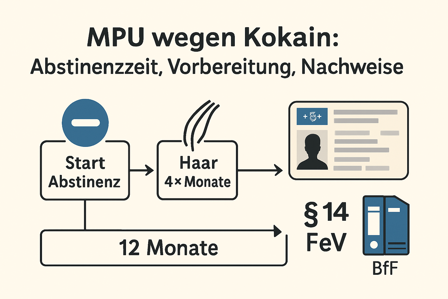 Diagramm mit Zeitachse für Kokain-Abstinenz: Start, Urin 6–8 Termine, Haar 4×3 Monate, 12 Monate, § 14 FeV, BfF.