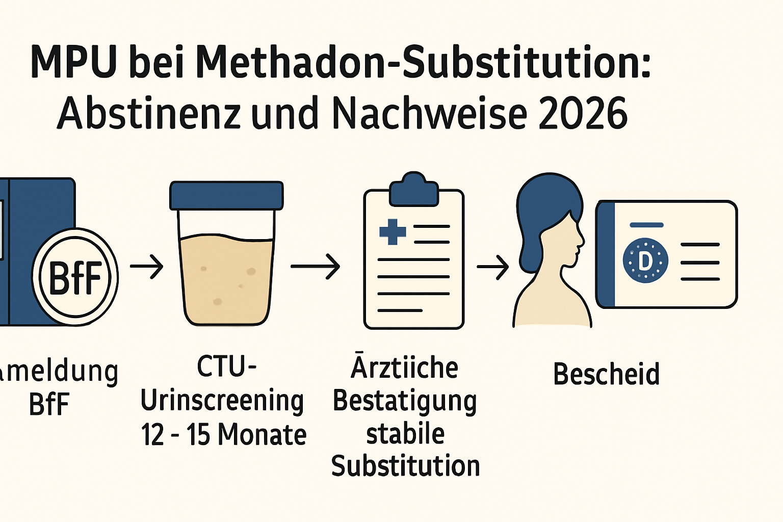 Diagramm: Schritte der MPU bei Methadon-Substitution von CTU-Nachweisen bis zum Bescheid