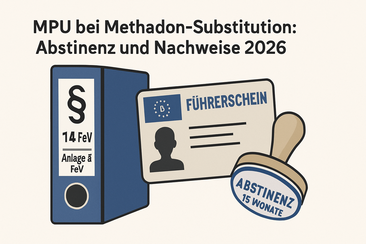 Vektorgrafik mit Aktenordner § 14 FeV, Anlage 4 FeV, Führerschein und Stempel Abstinenz 15 Monate