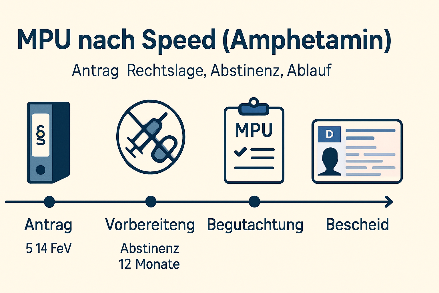 Zeitstrahl mit den vier MPU-Phasen Antrag, Vorbereitung, Begutachtung, Bescheid und Hinweis auf § 14 FeV und 12 Monate Abstinenz.