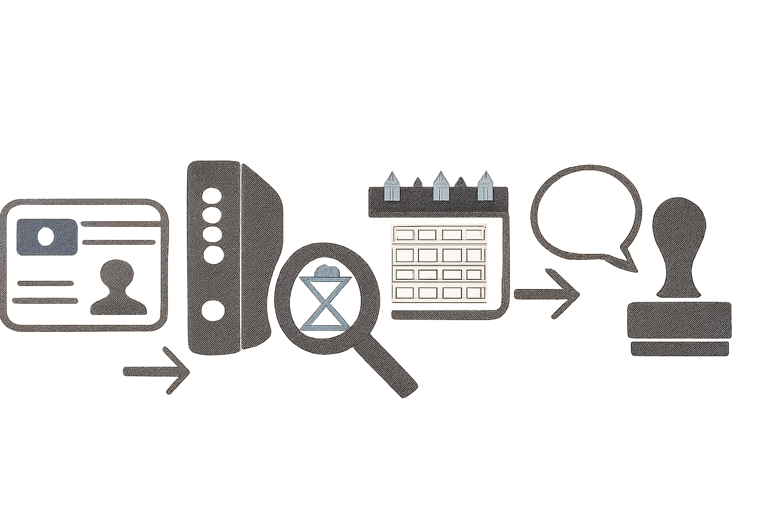 Symbolischer Ablauf der MPU-Vorbereitung mit Aktenordner, Lupe, Kalender, Sprechblase und Stempel, verbunden durch Pfeile.