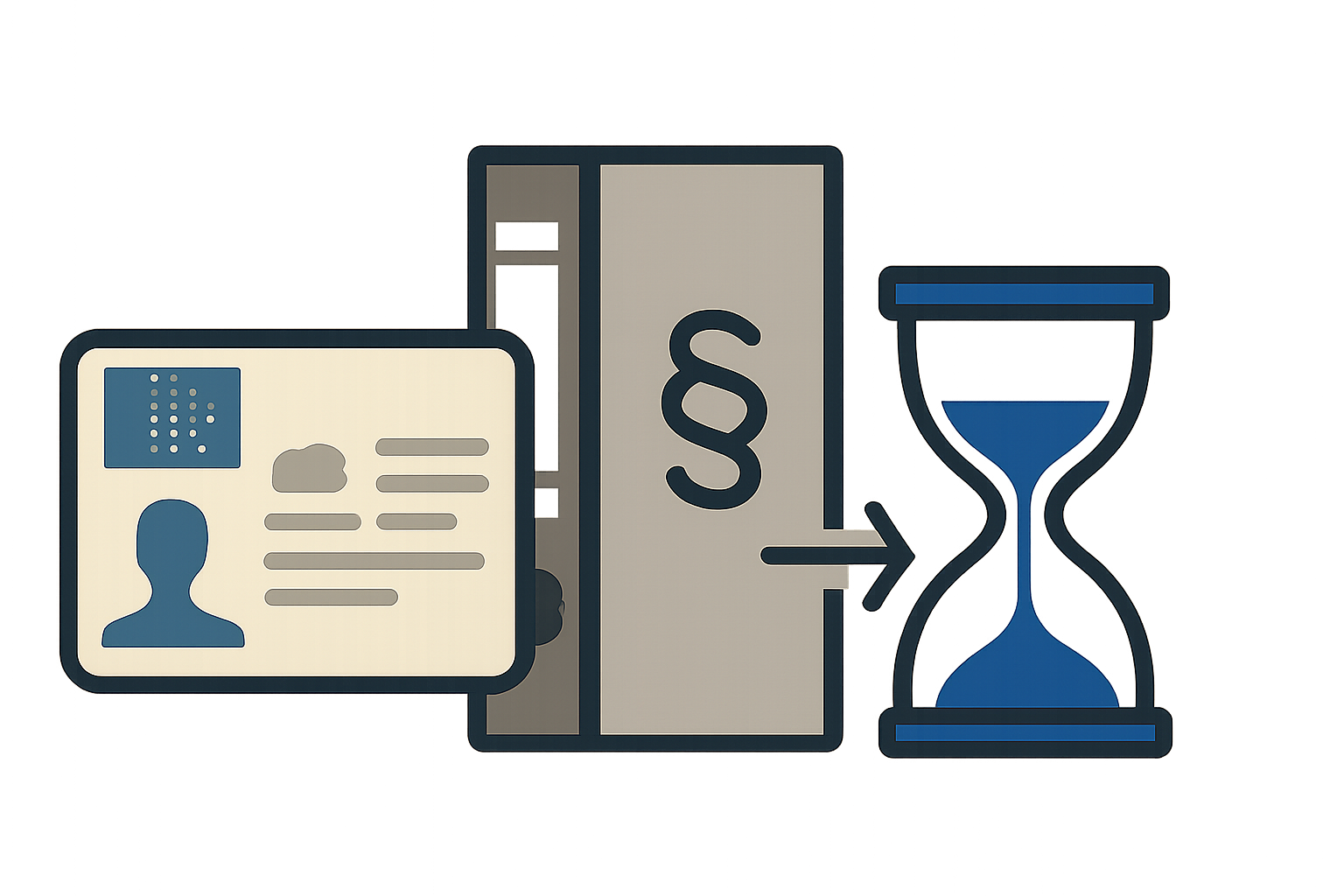 Symbolische Darstellung einer EU‑Führerscheinkarte, eines Aktenordners und einer Sanduhr zur Illustration von Ablauf und Zeitplanung.