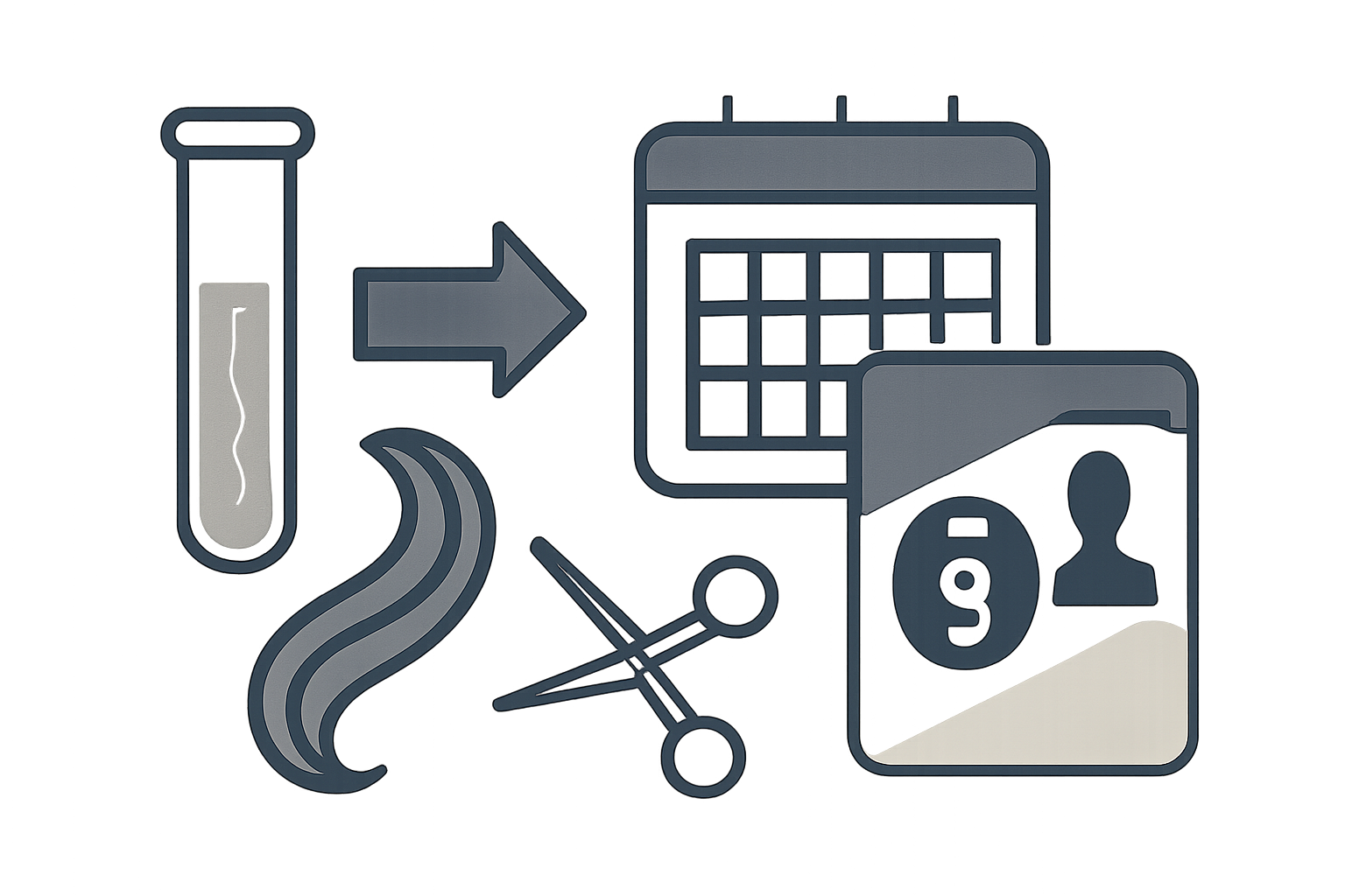 Symbolische Illustration: Haarprobe, Reagenzglas und Kalenderblatt ohne lesbare Zahlen zur Verdeutlichung von Abstinenz und Tests.