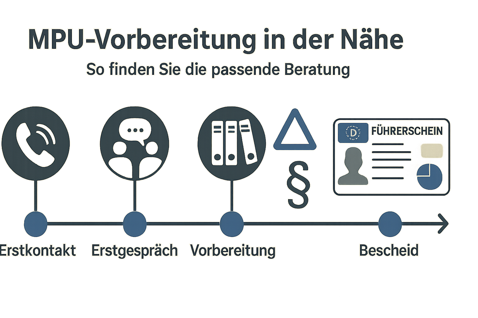 Zeitstrahl mit den fünf Phasen der MPU-Vorbereitung bis zum Bescheid.