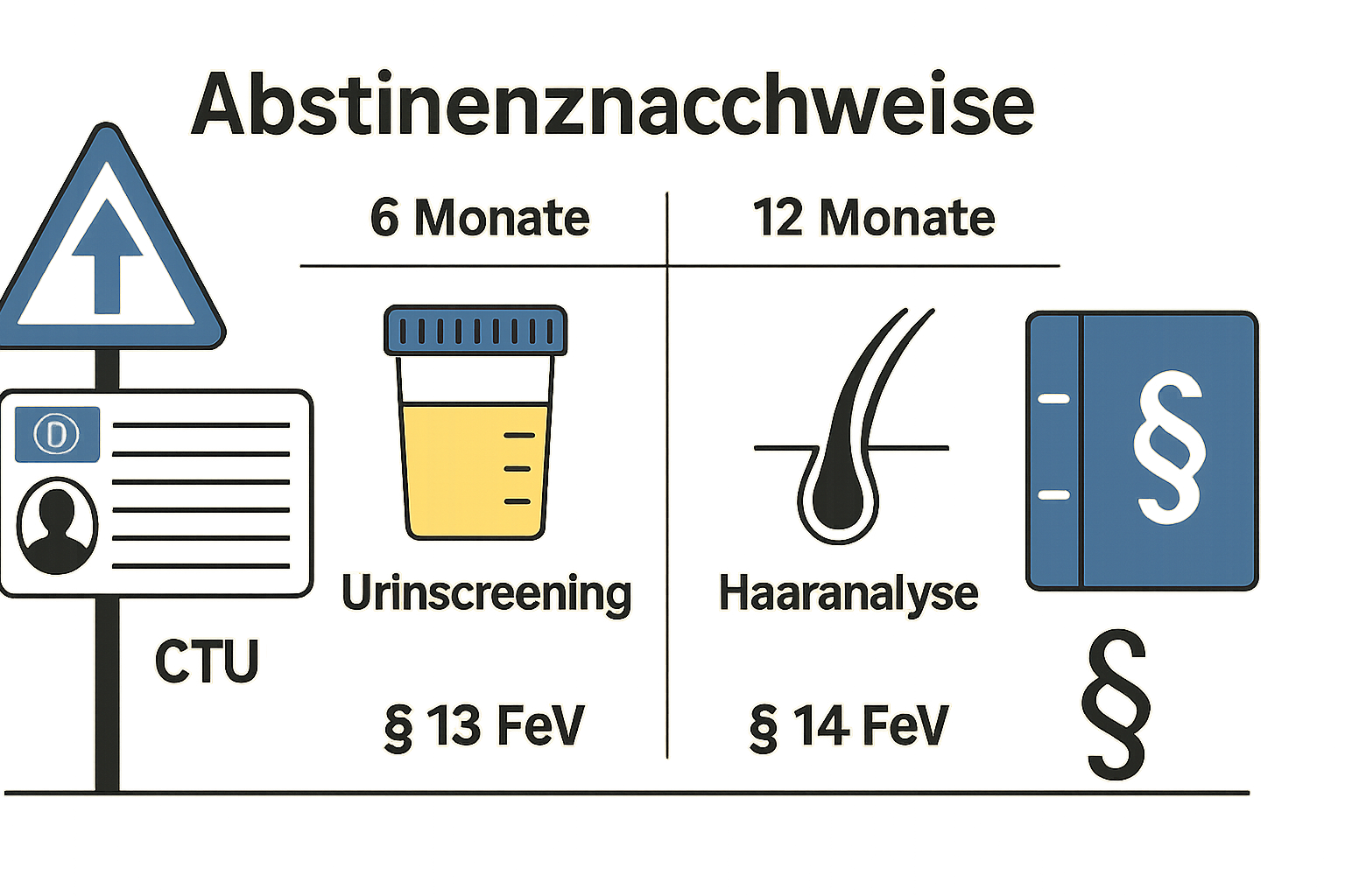 Schaubild zu Abstinenznachweisen mit 6- und 12-Monats-Option, CTU, § 13 und § 14 FeV.