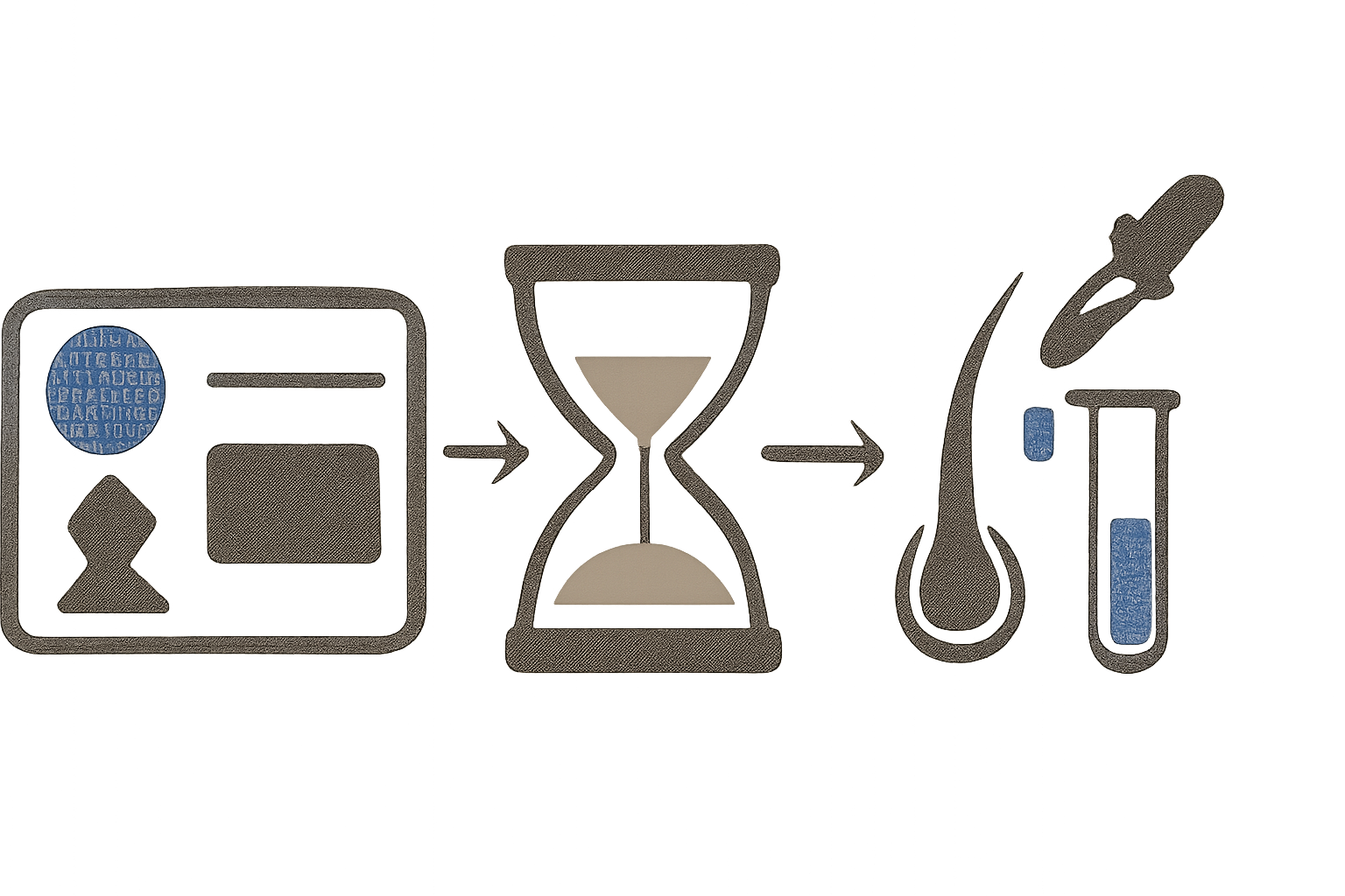 Symbolische Illustration mit EU-Führerschein, Sanduhr und Laborobjekten für Abstinenznachweise ohne Text.