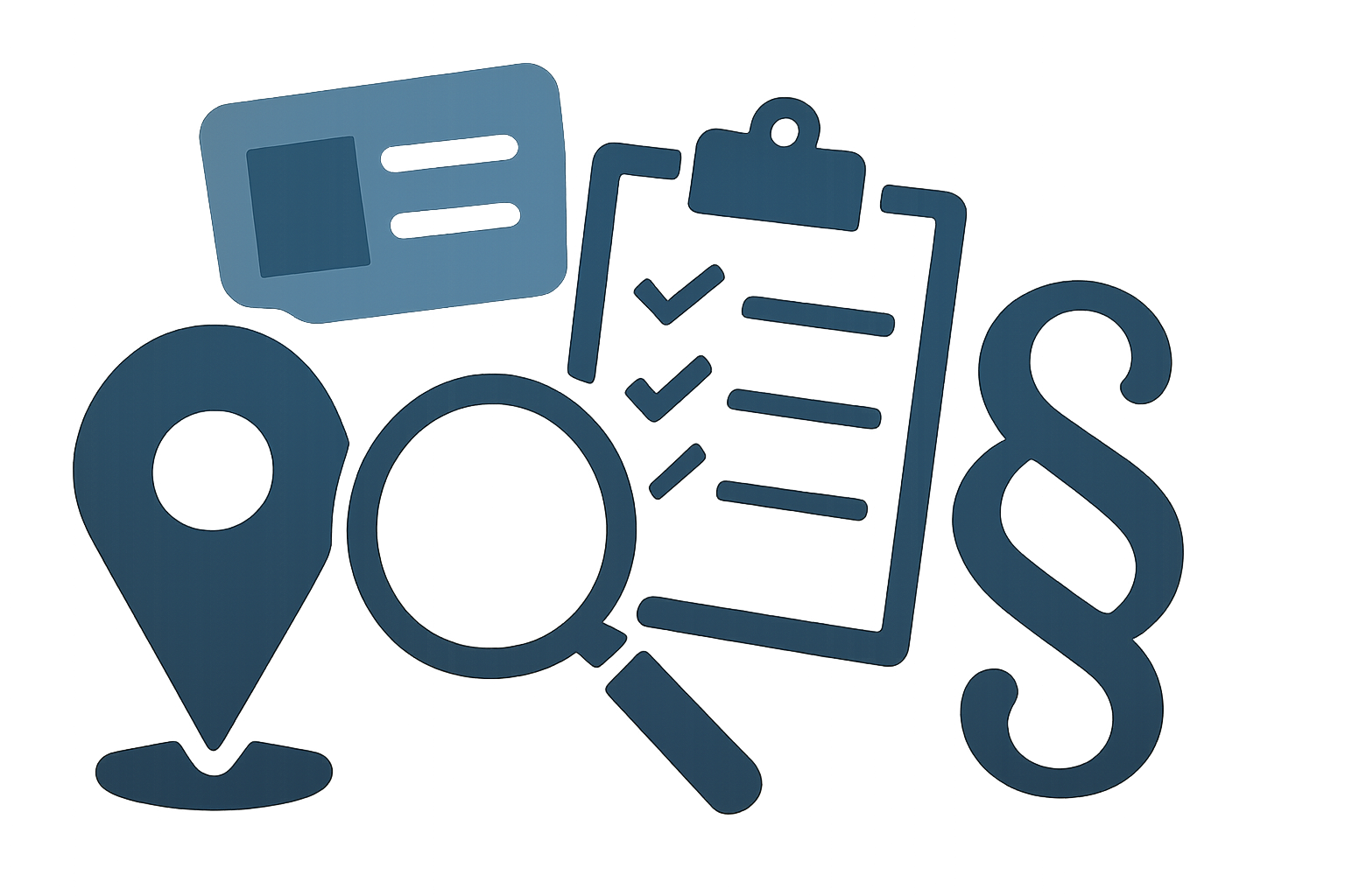 Symbolische Illustration mit Standort-Pin, Lupe, Checkliste und Paragraphen-Zeichen als Sinnbild für Kursauswahl nach Qualität und Recht.