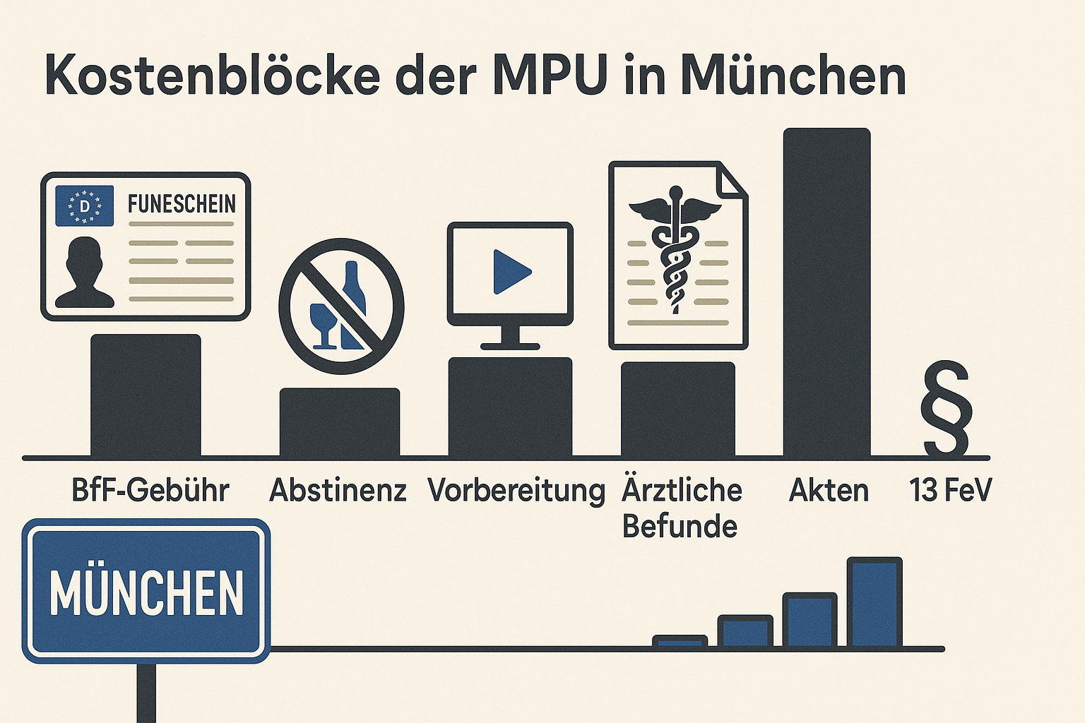 Infografik zu Kosten der MPU in München: BfF-Gebühr, Abstinenz, Vorbereitung, ärztliche Befunde, Akten