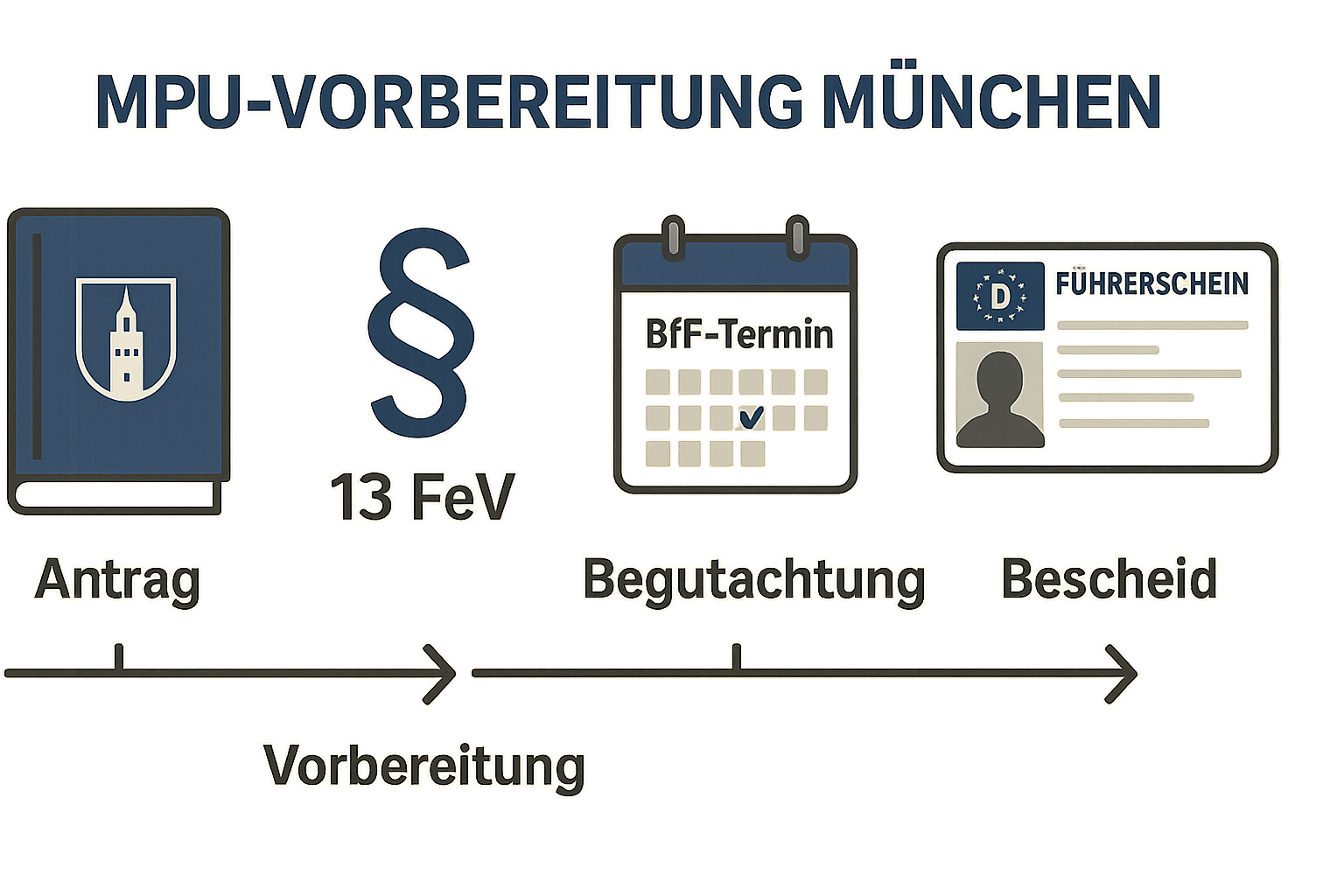 Zeitstrahl Antrag, Vorbereitung, Begutachtung, Bescheid mit KVR München und § 13 FeV