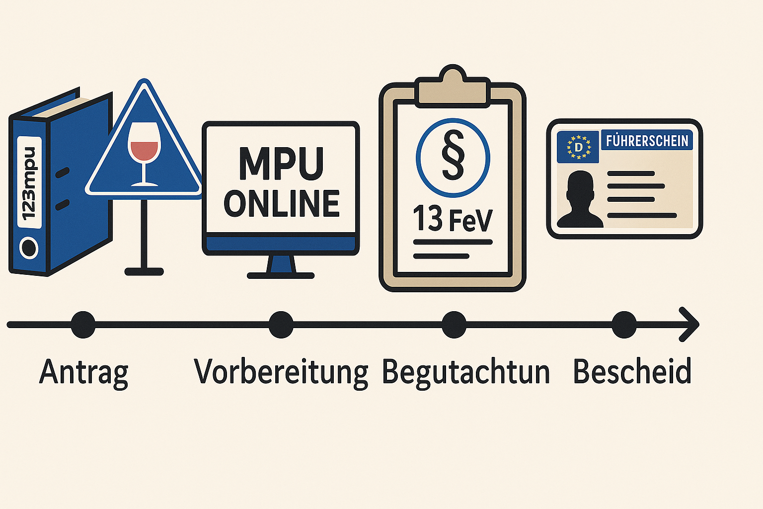 Zeitstrahl mit den Stationen Antrag, Vorbereitung, Begutachtung und Bescheid, Führerschein und § 13 FeV
