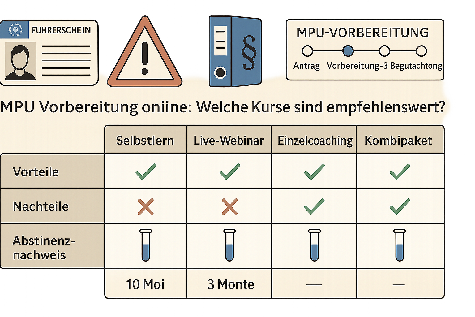 Matrix-Vergleich von MPU-Vorbereitungskursen mit Spalten für Kursformate und Symbolen für Vor- und Nachteile