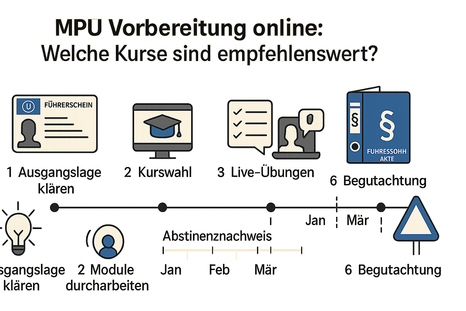 Zeitstrahl mit 6 Schritten zur Integration eines Online-Kurses in die MPU-Vorbereitung, inkl. Symbolen für Führerschein, Abstinenznachweis und Aktenordner