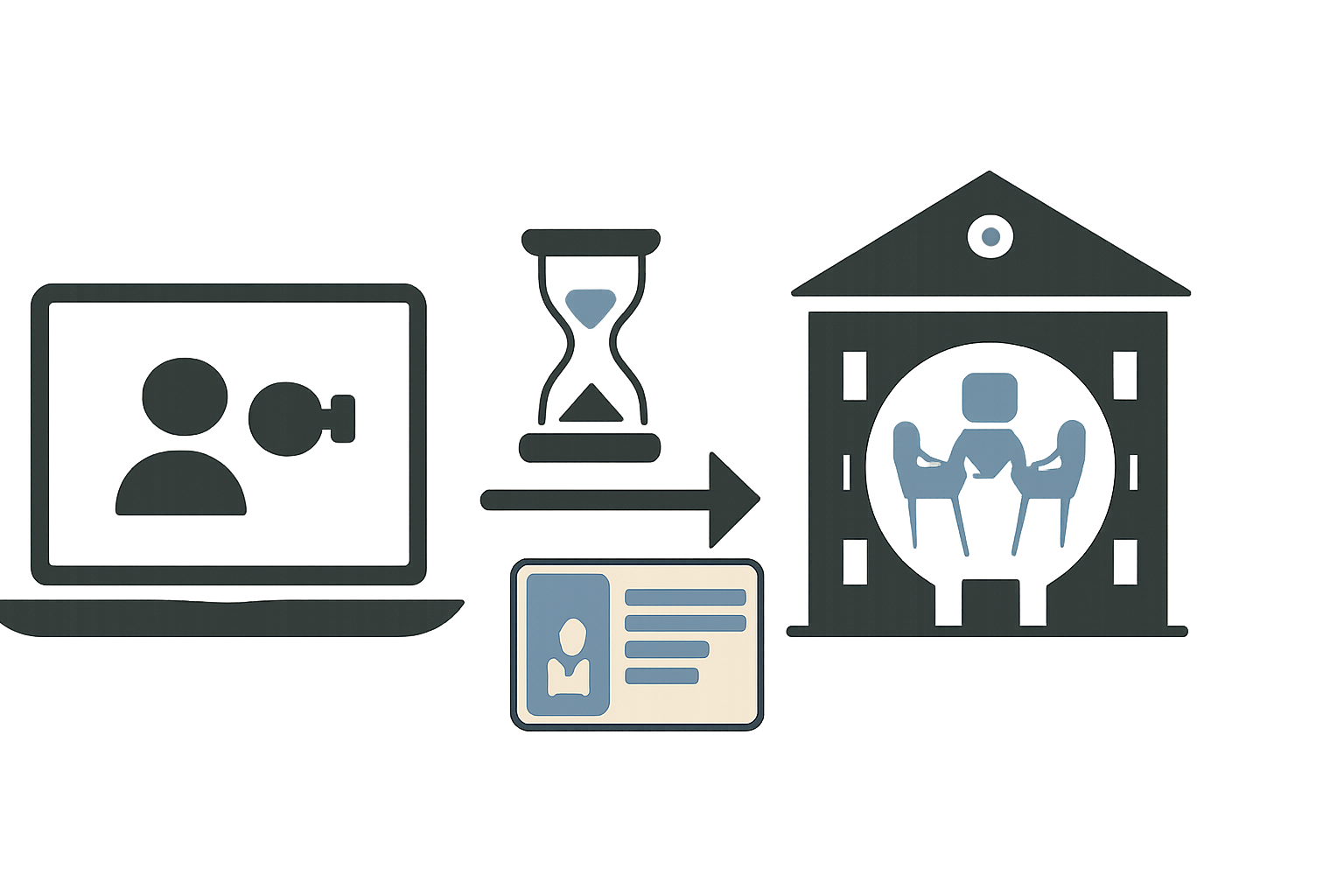 Symbolische Gegenüberstellung von Online (Laptop) und Präsenz (Gebäude) mit Pfeilen und Sanduhr als Hinweis auf Struktur und Zeit.