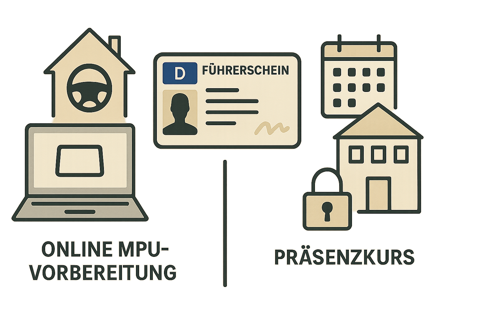 Vergleich Online-MPU-Vorbereitung versus Präsenzkurs mit Symbolen und Führerschein-Symbol in der Mitte