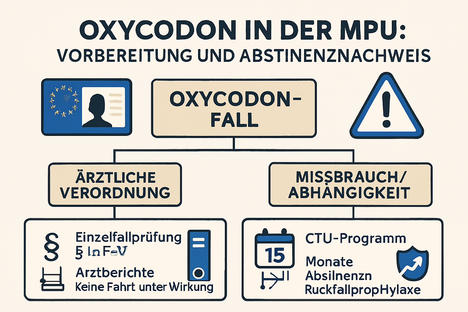 Schaubild zeigt Entscheidungsbaum für Oxycodon in der MPU mit Pfad „ärztliche Verordnung“ und Pfad „Missbrauch/Abhängigkeit“.