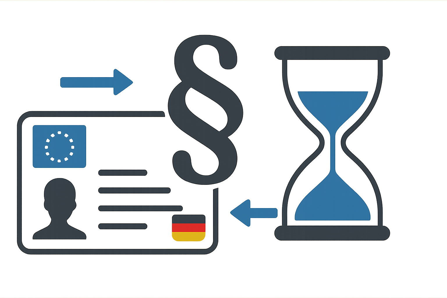 Symbolische Darstellung von Führerschein, Paragraphenzeichen und Sanduhr als Hinweis auf rechtliche Prüfungen und Fristen ohne konkrete Textangaben.