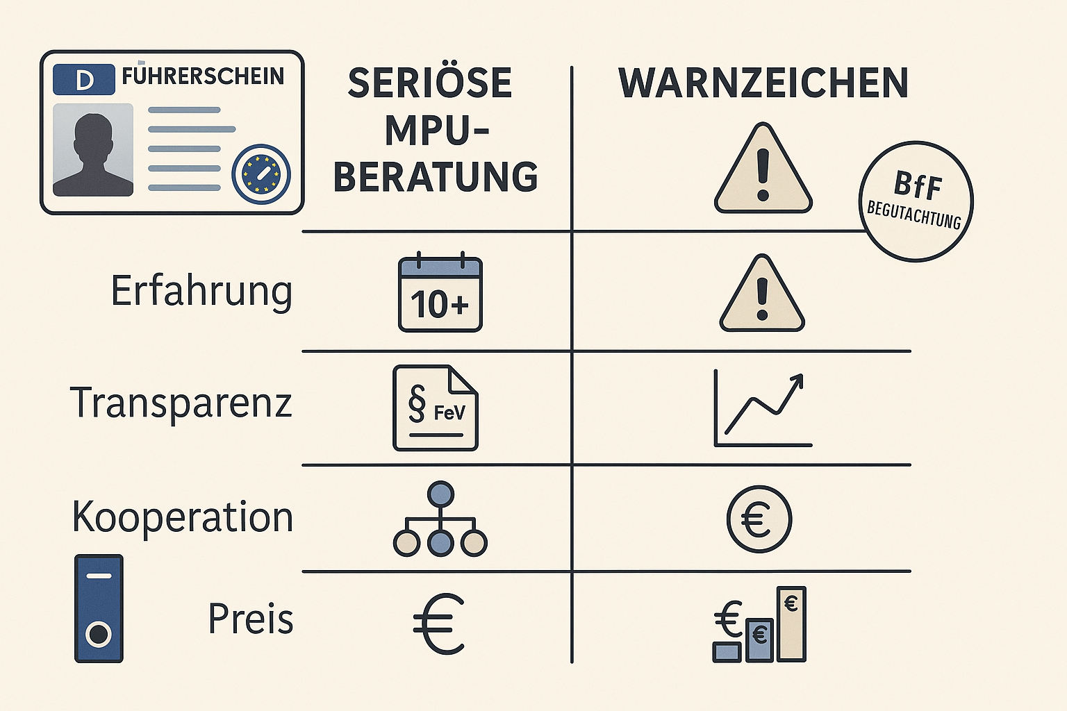Vergleichsgrafik Seriöse MPU-Beratung gegen Warnzeichen mit Symbolen für BfF und Führerschein